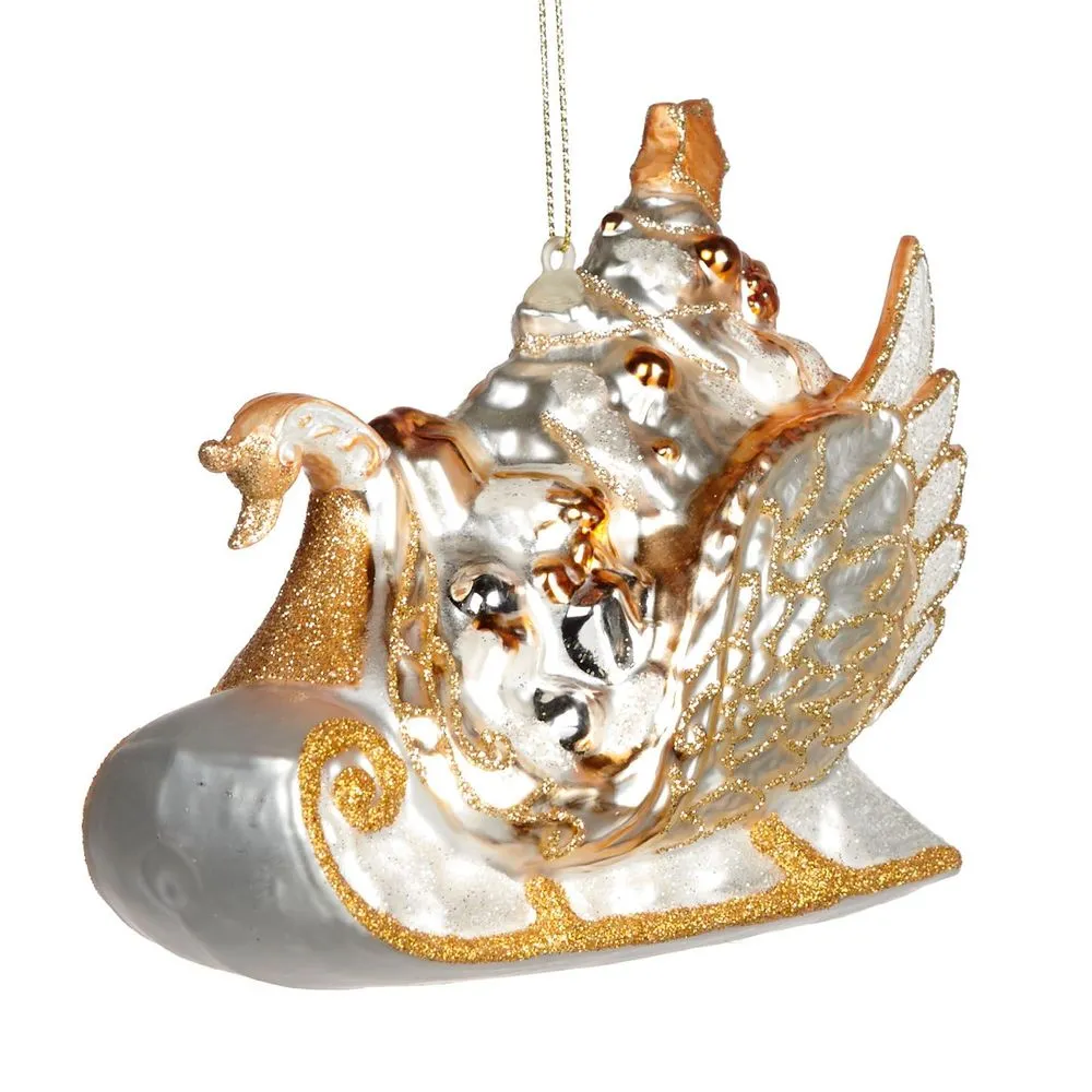 + glss swan sleigh w/gifts orn wh/gld 13,5cm