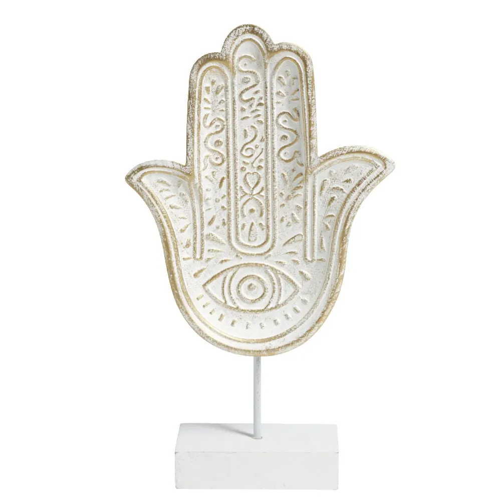 Main de Fatma gravée à poser en bois et métal blanc 16xH28,5cm
